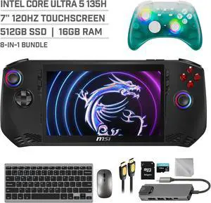 MSI Claw A1M 512GB Gaming Handheld 7-inch Touchscreen 120Hz FHD 1080p Intel Core Ultra 5 135H Processor, Mytrix Black Ice Wireless Pro Controller, Hub, 128GB MicroSD, Keyboard & Mouse, 8 in 1 Bundle