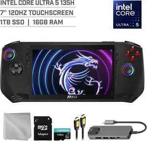 MSI Claw A1M 1TB SSD Gaming Handheld 7-inch Touchscreen 120Hz FHD 1080p Intel Core Ultra 5 135H Processor, Mytrix Hub, 128GB MicroSD Card, 4 Accessories: 5 in 1 Bundle