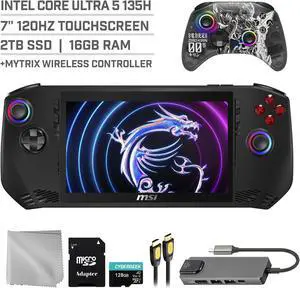 MSI Claw A1M 2TB SSD Gaming Handheld 7-inch Touchscreen 120Hz FHD 1080p Intel Core Ultra 5 Processor, Mytrix Zero-Kirin Wireless Pro Controller, Hub, 128GB MicroSD Card, 5 Accessories: 6 in 1 Bundle