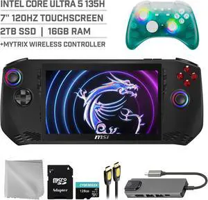 MSI Claw A1M 2TB SSD Gaming Handheld 7-inch Touchscreen 120Hz FHD 1080p Intel Core Ultra 5 Processor, Mytrix Black Ice Wireless Pro Controller, Hub, 128GB MicroSD Card, 5 Accessories: 6 in 1 Bundle
