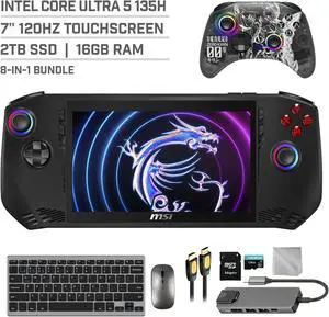 MSI Claw A1M 2TB SSD Gaming Handheld 7-inch Touchscreen 120Hz FHD 1080p Intel Core Ultra 5 Processor, Mytrix Zero-Kirin Wireless Pro Controller, Hub, 128GB MicroSD, Keyboard & Mouse, 8 in 1 Bundle