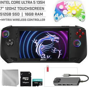 MSI Claw A1M 512GB Gaming Handheld 7-inch Touchscreen 120Hz FHD 1080p Intel Core Ultra 5 135H Processor, Mytrix Splashy Wireless Pro Controller, Hub, 128GB MicroSD Card, 5 Accessories: 6 in 1 Bundle