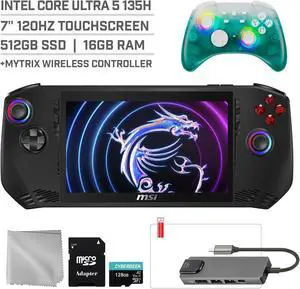MSI Claw A1M 512GB Gaming Handheld 7-inch Touchscreen 120Hz FHD 1080p Intel Core Ultra 5 135H Processor, Mytrix Black Ice Wireless Pro Controller, Hub, 128GB MicroSD Card, 5 Accessories: 6 in 1 Bundle