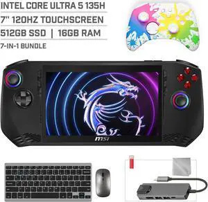 MSI Claw A1M 512GB Gaming Handheld 7-inch Touchscreen 120Hz FHD 1080p Intel Core Ultra 5 135H Processor, Mytrix Splashy Wireless Pro Controller, Hub, Keyboard & Mouse Combo, 7 in 1 Bundle