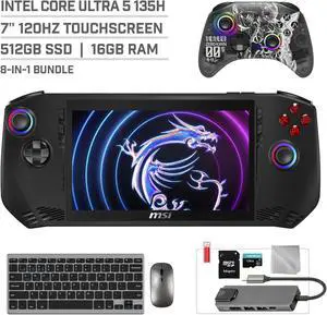 MSI Claw A1M 512GB Gaming Handheld 7-inch Touchscreen 120Hz FHD 1080p Intel Core Ultra 5 135H Processor, Mytrix Zero-Kirin Wireless Pro Controller, Hub, 128GB MicroSD, Keyboard & Mouse, 8 in 1 Bundle