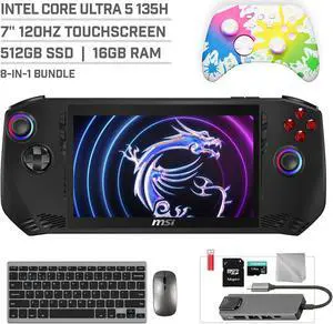MSI Claw A1M 512GB Gaming Handheld 7-inch Touchscreen 120Hz FHD 1080p Intel Core Ultra 5 135H Processor, Mytrix Splashy Wireless Pro Controller, Hub, 128GB MicroSD, Keyboard & Mouse, 8 in 1 Bundle