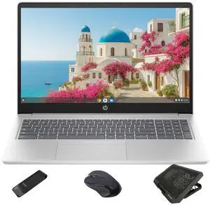 HP 15.6" Chromebook Student Laptop, Intel Processor N200 (Up to 3.7GHz) , 8GB LPDDR5, 64GB eMMC+128GB USB Flash Drive, Lightweight Computer for College Students, Cooling Pad+Mouse, Chrome OS