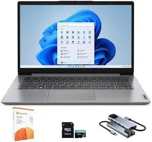 Lenovo IdeaPad 1 1i 14" Laptop with 1-year Microsoft 365, Intel Processor, 4GB RAM, 128GB eMMC + 128GB SSD, SD Card Reader, Privacy Camera, 11 hrs Long Battery Life, with Accessories, Win 11 Home