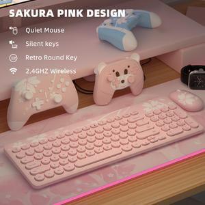 Mytrix Sakura Cherry Pink Wireless Keyboard And Mouse Set Combo, Retro Type-Writer Keys, Silent 96-Key Kawaii Keyboard for Home and Office - 2.4GHz USB A & USB Type C Receiver
