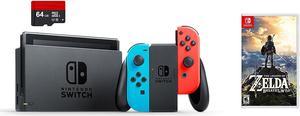 Nintendo Switch Bundle (3 Items): Nintendo Switch 32GB Console Neon Red and Blue Joy-Con, 64GB Micro SD Memory Card, and The Legend of Zelda: Breath of the Wild Game Disc
