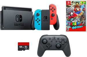 Nintendo Switch 4 items Bundle Nintendo Switch 32GB Console Neon Red and Blue Joycon 64GB Micro SD Memory Card and an Extra Nintendo Switch Pro Wireless Controller Super Mario Odyssey