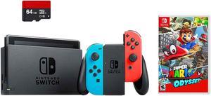 Nintendo Switch 3 items Bundle Nintendo Switch 32GB Console Neon Red and Blue Joycon 64GB Micro SD Memory Card and Super Mario Odyssey Game Disc