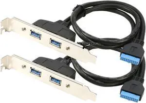RIITOP 2 Ports USB 3.0 Back Panel to MB 20pin Header Connector Cable Adapter with PCI Slot Plate Bracket 1.5ft For Dekstop PC Computer (2Pack, Black)