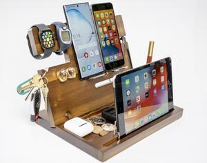 MOTHERS DAY GIFT by iTParts: Ultimate Organizer, Finest Acacia Hardwood Wooden Phone Docking & Charging Stand, Fathers Day Gift Desk Organizer, Hand-Crafted Nightstand Docking Station