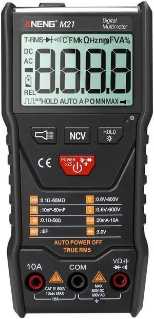 ANENG M21 Digital Auto Multimeter Meter with Backlight 6000 Counts Voltage Current Resistance Measurement Test Ammeter Voltmeter LCD Display - Black