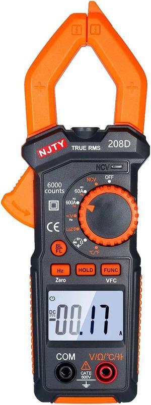 NJTY 208D 600A AC/DC Digital Clamp Meter with Temperature Auto Ranging Multimeter with Audible Continuity Beep True-RMS Clamp Meter
