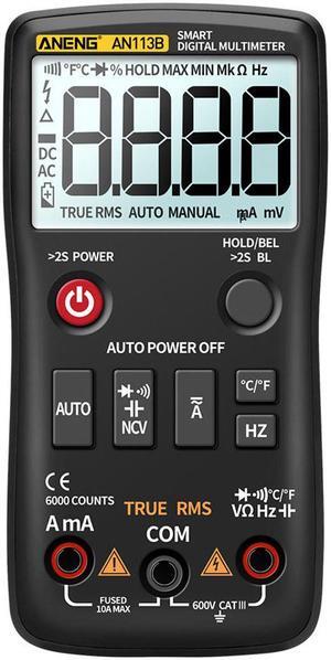 ANENG AN113B Digital Multimeter True RMS with Temperature Tester 6000 Counts Auto-Ranging AC/DC Transistor Voltage Meter - Black