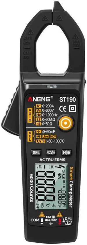 ST190 LCD Digital Automatic Current Clamp Meter DC AC Ammeter Voltage Voltmeter Ohmmeter Multimeter Resistance Temperature - Black(no box)