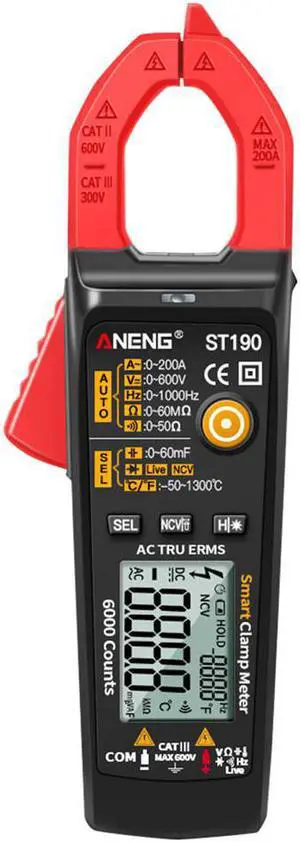 ST190 LCD Digital Automatic Current Clamp Meter DC AC Ammeter Voltage Voltmeter Ohmmeter Multimeter Resistance Temperature - Red