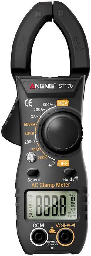 ST170 Portable Digital Clamp Meter DC/AC Current Multimeter Ammeter Voltage Tester Diode Current Capacitance NCV Ohm Test - Black