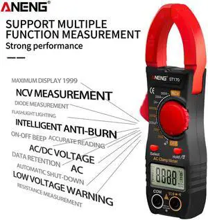 ST170 Portable Digital Clamp Meter DC/AC Current Multimeter Ammeter Voltage Tester Diode Current Capacitance NCV Ohm Test - Red
