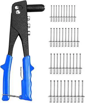 Rivet Gun Kit Heavy Duty Single Hand Manual Riveter with 40 PCS Rivets 4 Interchangeable Heads 3/32 Inch 1/8 Inch 5/32 Inch 3/16 Inch for Metal Automotive Railway Blue