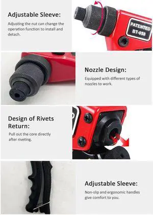 Hand Rivet Gun Heavy Duty Single Hand Manual Riveter with 4 Interchangeable Heads 3/32 Inch 1/8 Inch 5/32 Inch 3/16 Inch for Metal Automotive Aluminium Alloy Windows Red