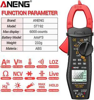 ANENG ST192 Digital Clamp Meter AC/DC Current True RMS 6000 Counts Multimeter Ammeter Car Amp Hz Capacitance NCV Voltage Tester