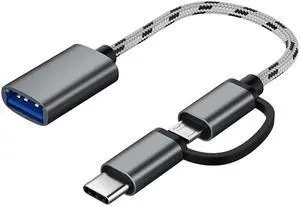 2 in 1 USB 3.0 OTG Cable Nylon Braid Micro USB Type C Data Sync Charge Adapter for Samsung One Plus MacBook USBC Type-C OTG - Gray
