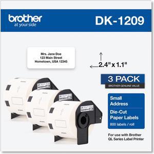 Brother DK-1209 Small Address Paper Labels 2-4/10" x 1-1/10" Black on White 800 Labels/Roll 3 Rolls/Box (DK-12093PK)