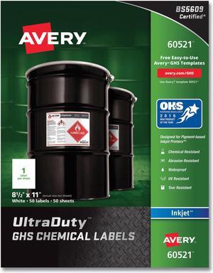 Avery Chem Label, 8-1/2"W x 11"H, 50 Labels, PK50 Synthetic Film 7278260521