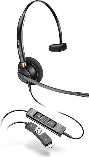 Poly - EncorePro 515 USB-A and USB-C USB Headset (Plantronics) - Cloud System Updates - Acoustic Hearing Protection - Works with Avaya, Genesys, and Cisco Call Center Platforms - Single Ear/Mono