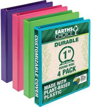 Samsill Earth's Choice Plant-Based Durable Binders 3 Round Ring Assorted Color 4 Pack (MP48639)
