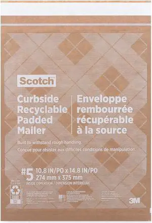 3M Scotch Curbside Padded Mailer #5 Self-Adhesive 12 x 17.25 Kraft 100/Carton