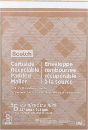3M Scotch Curbside Padded Mailer #6 Self-Adhesive 13.75 x 20 Kraft 50/Carton