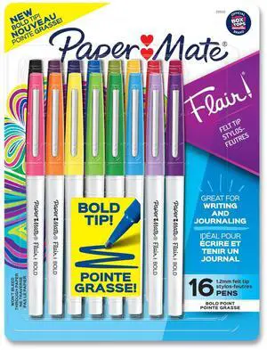 Flair Felt Tip Porous Point Pen Stick Bold 1.2 mm Assorted Ink Colors White Pearl Barrel 16/Pack 2125413