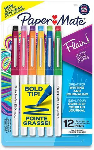Flair Felt Tip Porous Point Pen Stick Bold 1.2 mm Assorted Ink Colors White Pearl Barrel 12/Pack 2125414