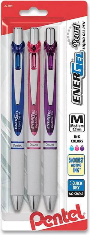 Pentel EnerGel Pearl Gel Pen Retractable Medium Assorted Ink 3/Pk BL77WBPS3M2