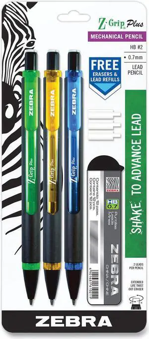 Zebra Mechanical Pencil 0.7 mm HB #2 Black Assorted Barrel Colors 3/Pack 55403
