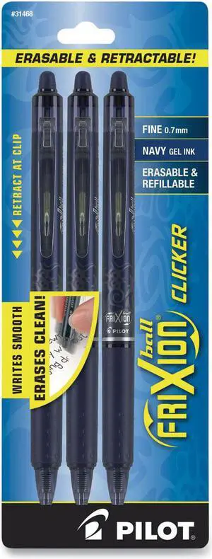 Pilot FriXion Clicker Fine 0.7mm Erasable Gel Pen Navy Ink 3/Pack 31468