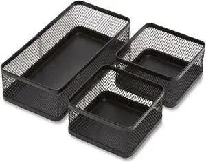 TruRed Three Compartment Stackable Wire Mesh Desk Organizer Black TR57547CC