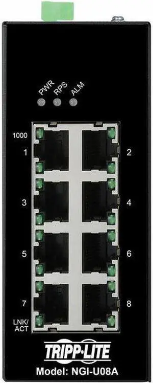 Tripp Lite 8-Port Unmanaged Industrial Gigabit Ethernet Switch - 10/100/1000 Mbps, Ruggedized, -40° to 75°C, EIP QoS, DIN Mount - 8 Ports - Gigabit Ethernet - 10/100/1000Base-T - TAA C
