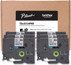 Brother P-touch TZe-231 Laminated Label Maker Tape 1/2" x 26-2/10' Black on White 6/Pack (TZe-2316PKB) TZE-2316PKB