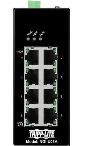 Tripp Lite 8-Port Unmanaged Industrial Gigabit Ethernet Switch - 10/100/1000 Mbps, Ruggedized, -40° to 75°C, EIP QoS, DIN Mount - 8 Ports - Gigabit Ethernet - 10/100/1000Base-T - TAA C