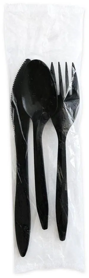 Three-Piece Polystyrene Cutlery Kit Mediumweight Fork/Knife/Spoon Plastic Black 250/Carton BWK3KITBLPS
