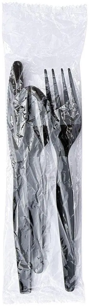 Three-Piece Polystyrene Cutlery Kit Heavyweight Fork/Knife/Spoon Plastic Black 250/Carton BWK3KITHVYBL