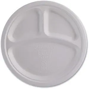 Eco-Products Vanguard Renewable/Compostable Plates 3-Comprt 10"Dia White 500/Ctn