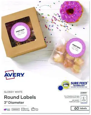 Sure Feed Glossy Labels 3" dia White 8 Labels/Sheet 10 Sheets Pack 22891