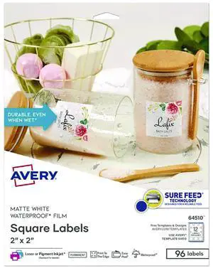 Avery Durable Waterproof Labels 2" x 2" Square 96 Label Pack 64510