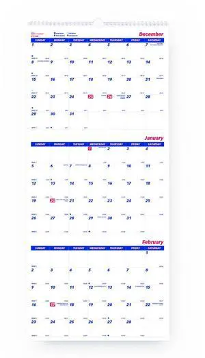 Three-Month Wall Calendar 12.25" x 27" White/Blue Sheets 14-Month: Dec 2026 C171128